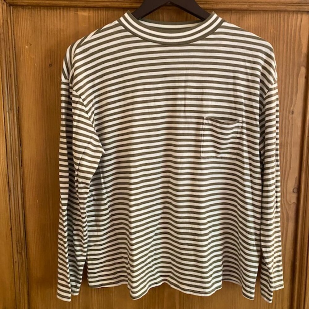 Garnet Hill Weekender Mock Neck Long Sleeve Green/White Stripe Tee - Large
